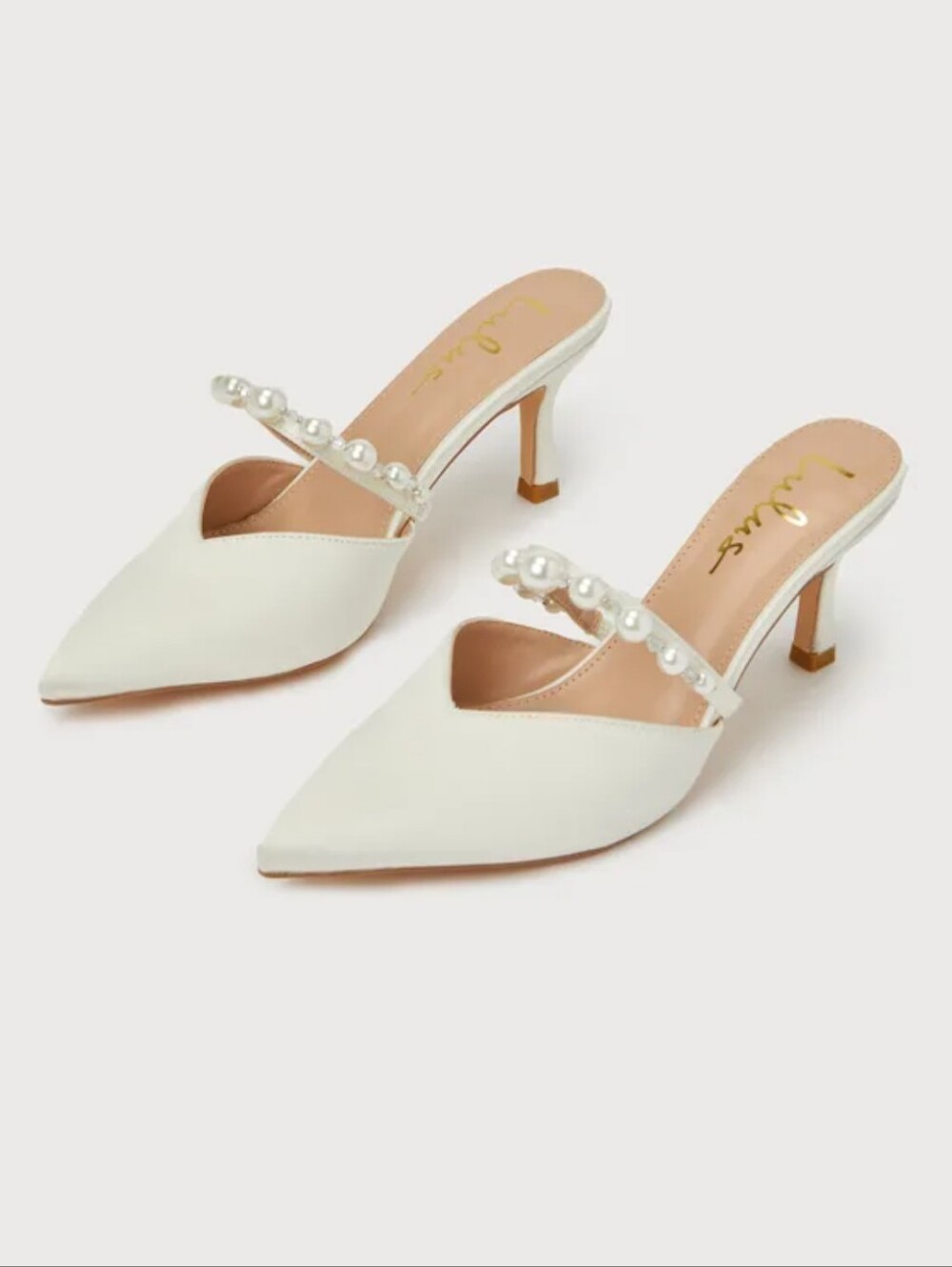 Lulu's Daryll white satin pearl embellished pointed toe mule pumps wedding - Picture 4 of 12